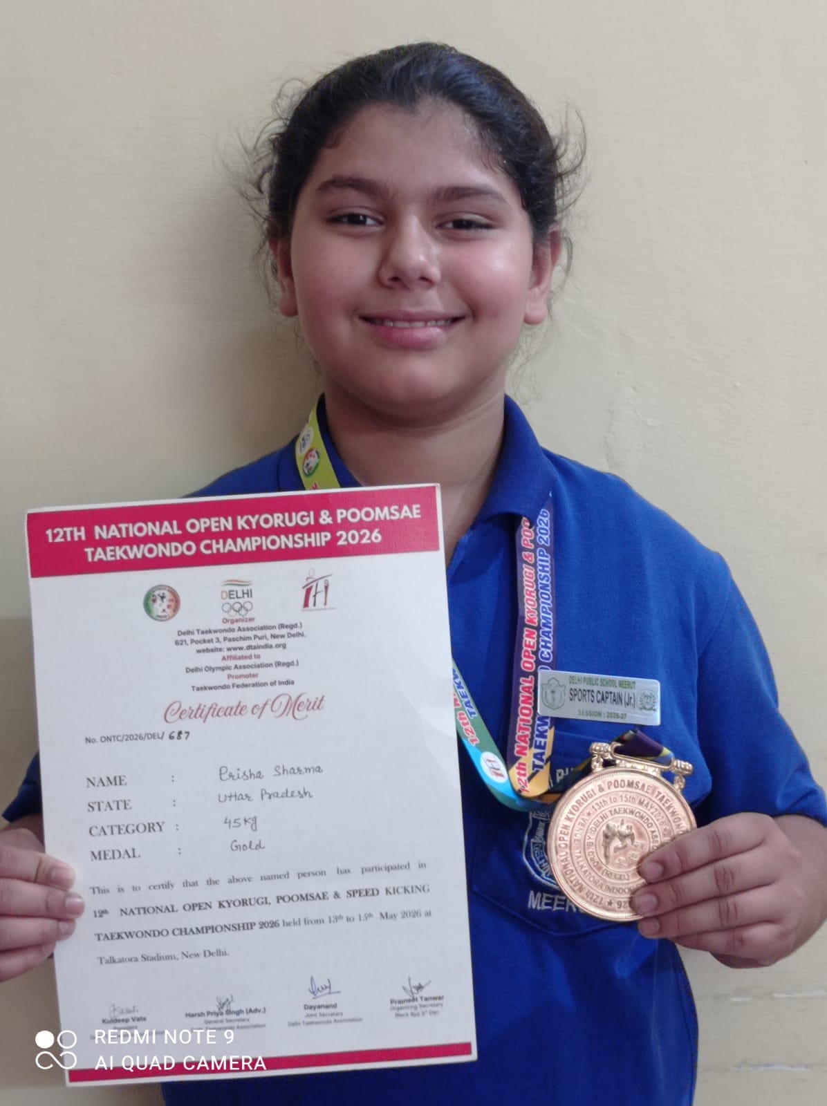Prisha won the gold medal in the National Taekwondo Championship.