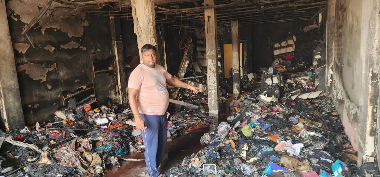 Clothing Showroom Reduced to Ashes by Fire; Two Lakhs in Cash Also Burnt