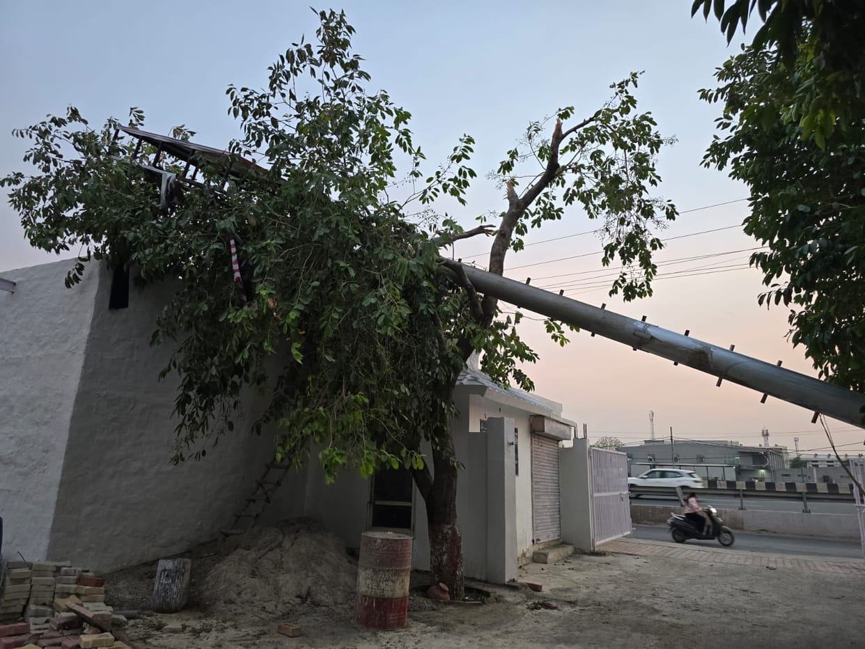 The storm caused widespread panic, with a pole falling on a house in Siwah, a factory wall in Shivnagar, and a tree falling on a vehicle on Gohana Road.
