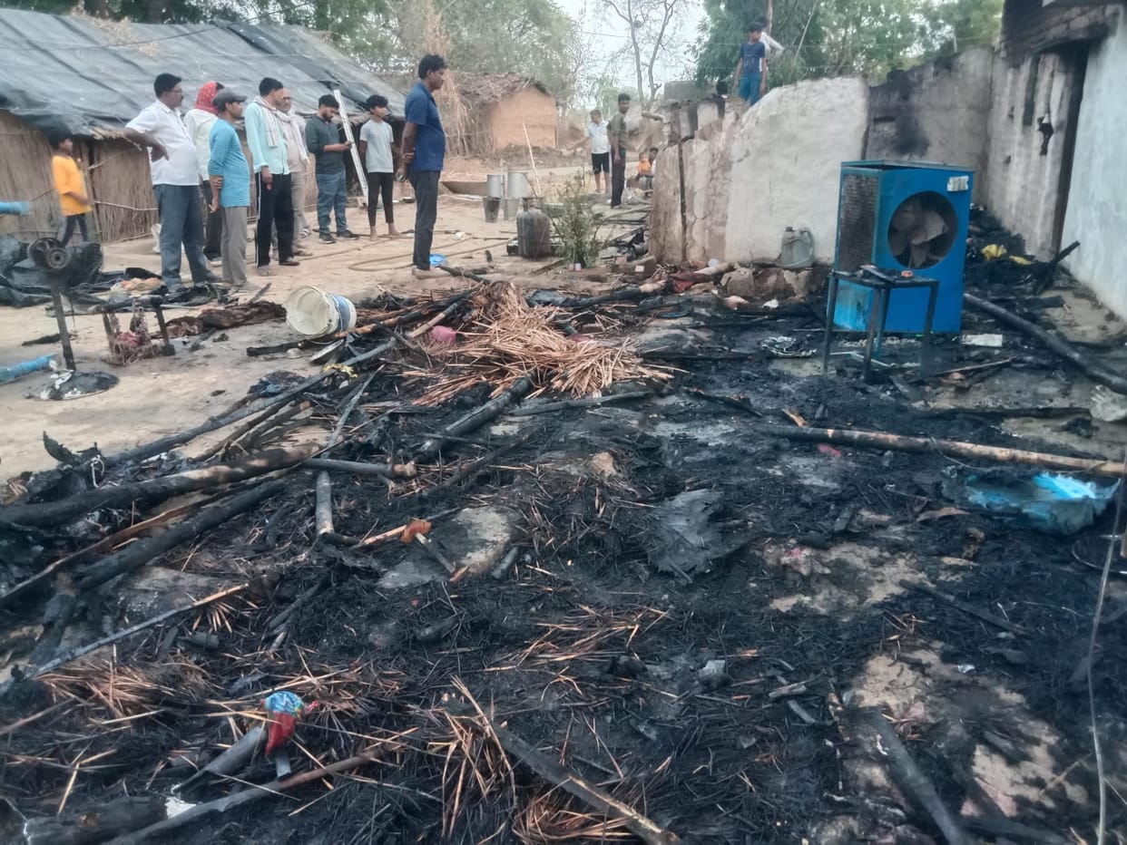 Fire broke out in a mud house, household goods burnt and woman suffered burn injuries