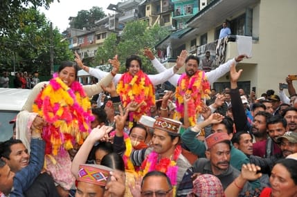 Winning candidates celebrated after the BDC results were declared in Bhuntar.