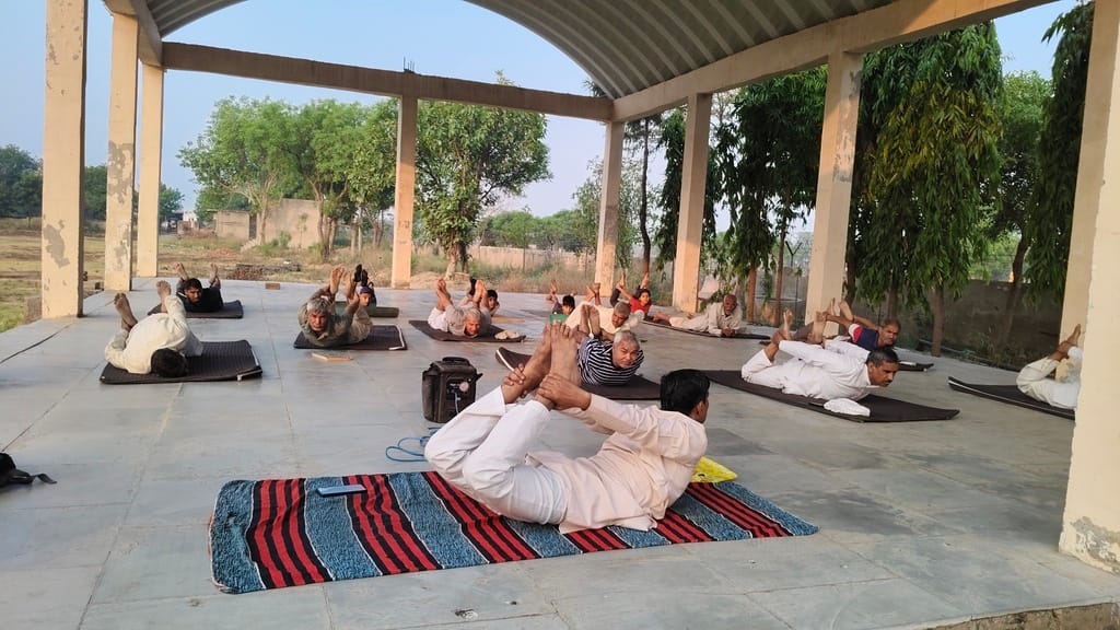 Yoga practice for the elderly in the gymnasium