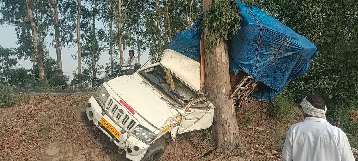 Pickup vehicle collides with tree, driver narrowly escapes