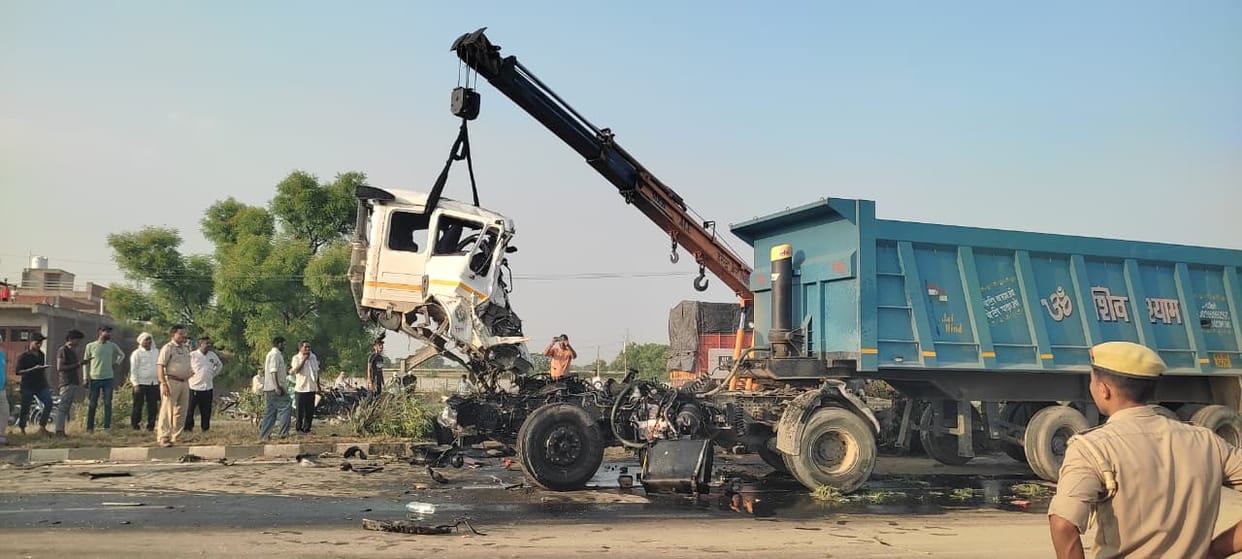 An uncontrolled dumper collided with a vehicle near Nagla Radhey bridge.