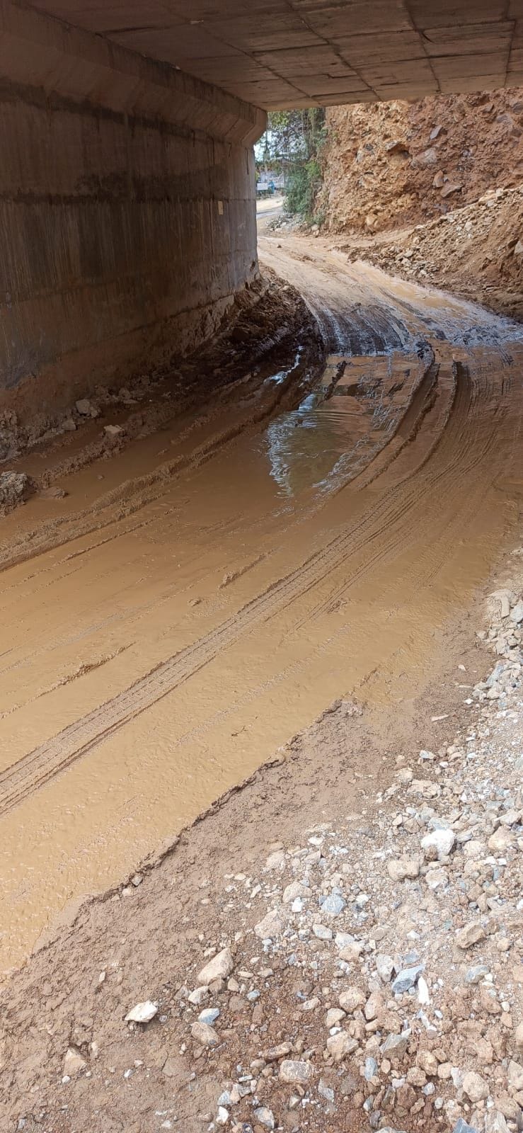 An 87-year-old woman riding a bike fell into the mud on the under-construction four-lane road.