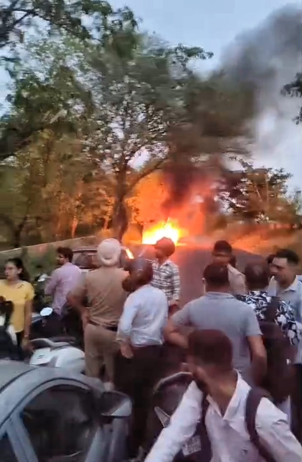 A moving car caught fire near Dukhedi turn on the highway, causing a 5-km traffic jam.