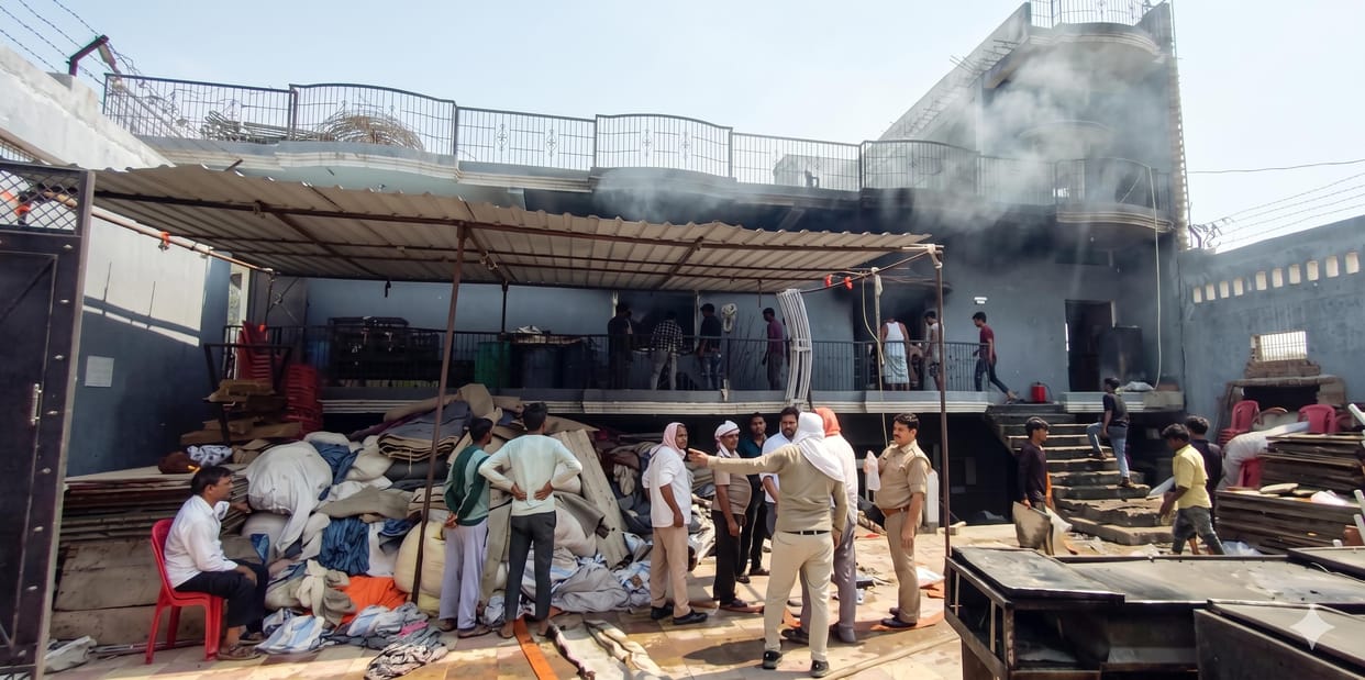 Fire breaks out in tent house warehouse, goods burnt