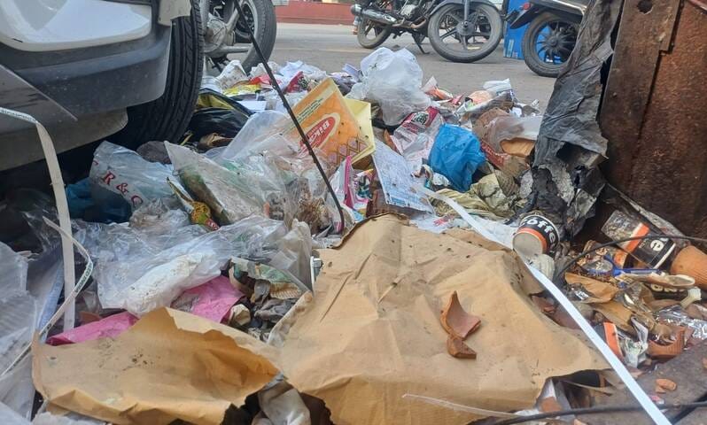 गढ़ रोड पर सड़क किनारे फैला पड़ा कूड़ा। संवाद
