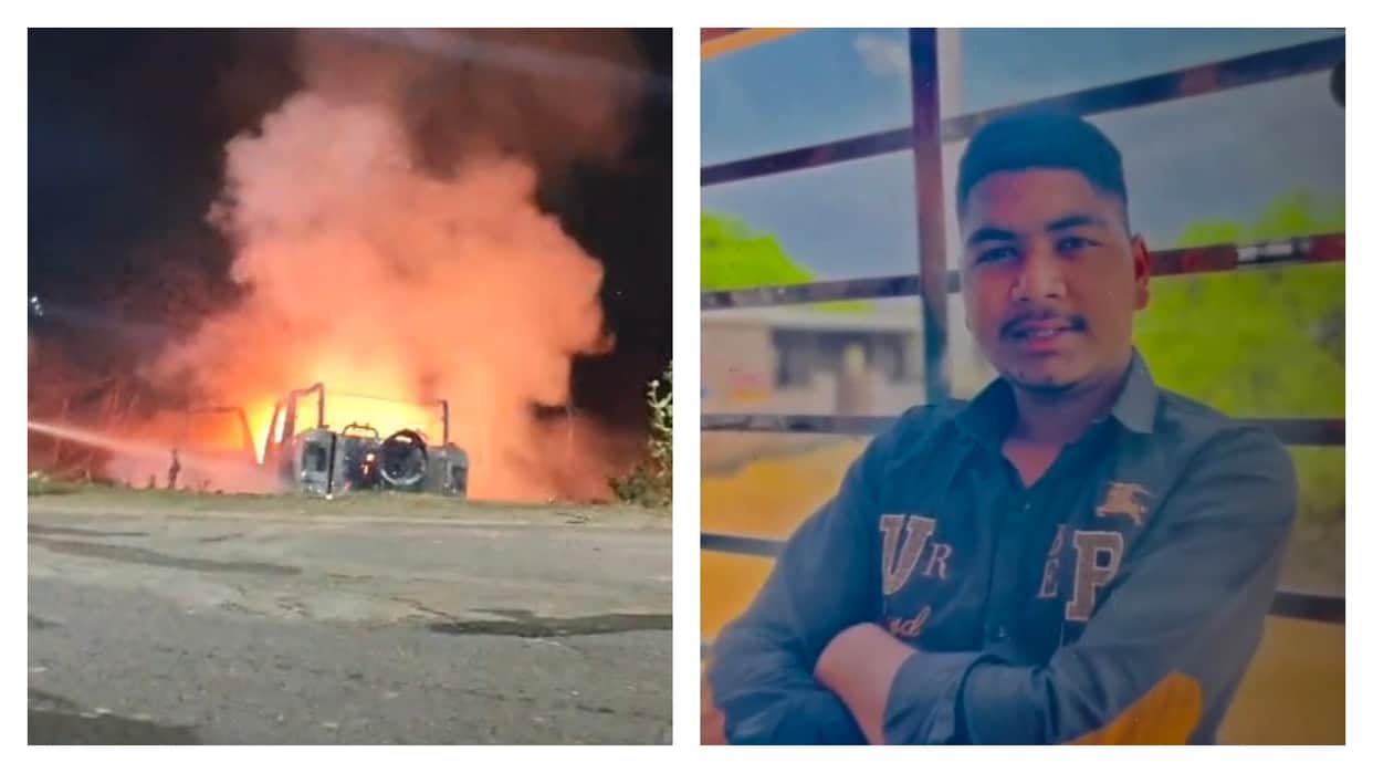 A Thar vehicle crushed two young men riding a bike; angry people set the Thar on fire.