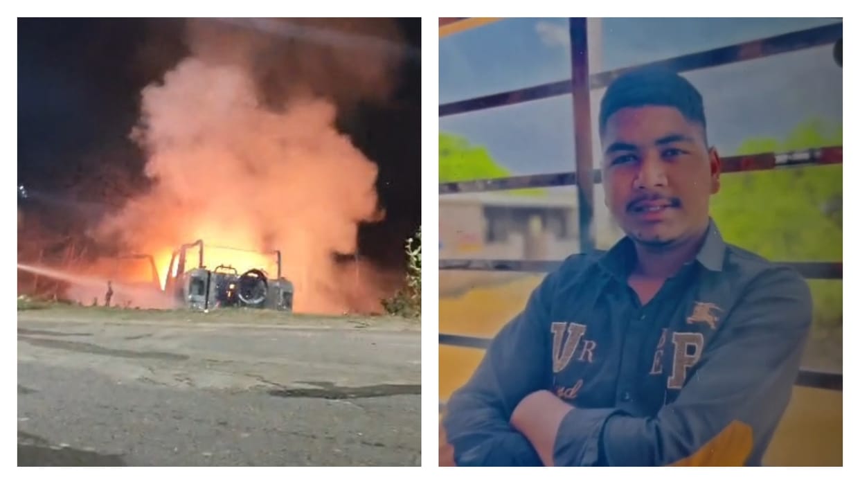 A Thar vehicle crushed two young men riding a bike; angry people set the Thar on fire.