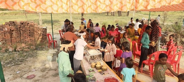 Grand community feast at the Bageshwar Baba temple in Purahiya