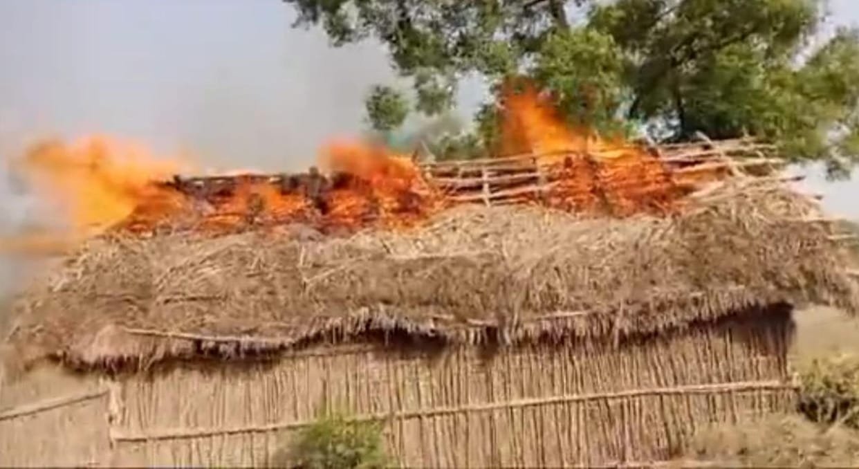 Strongmen set fire to the house and destroyed the crops.