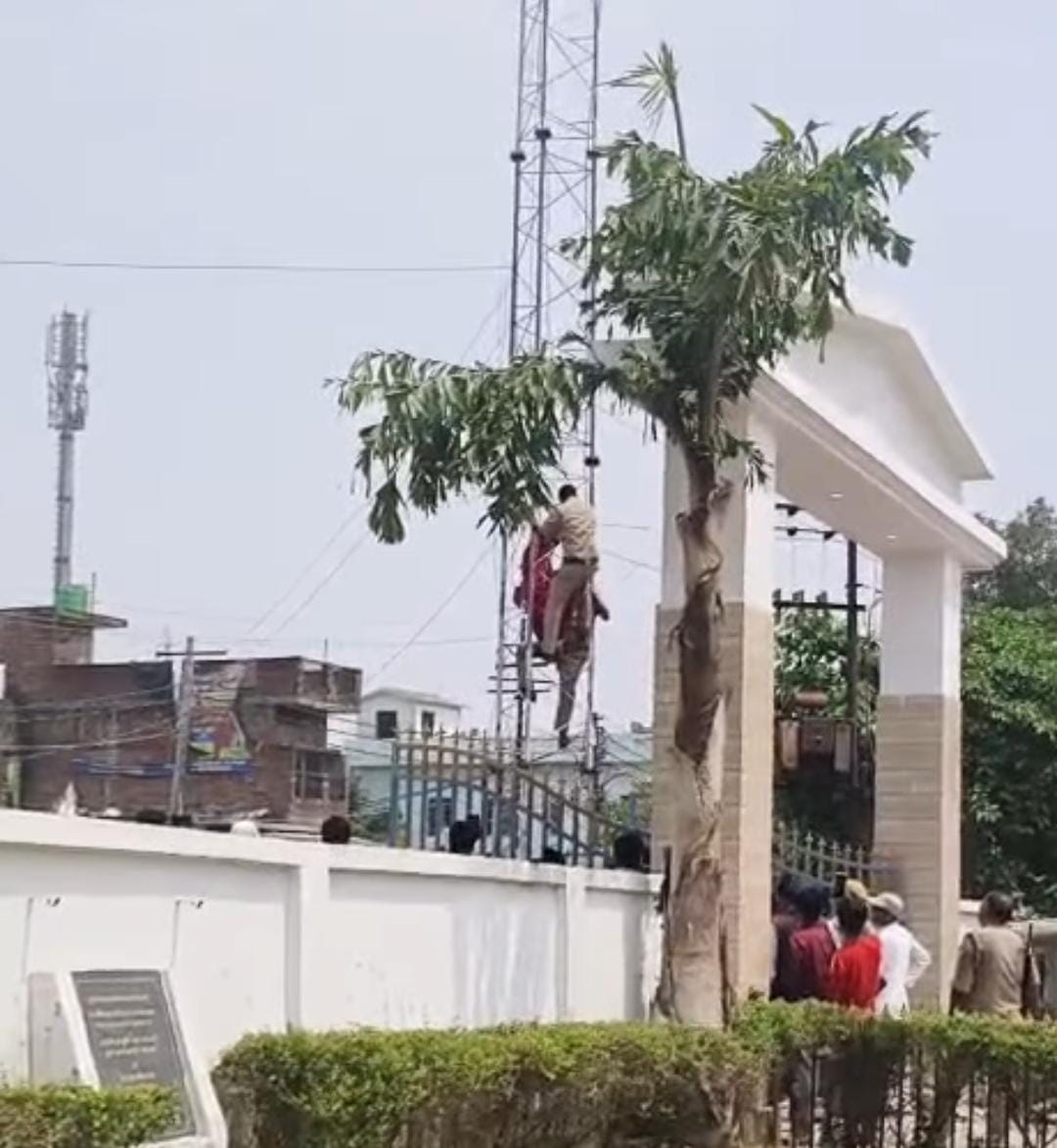 A woman who had arrived at the SP's office to lodge a complaint climbed a tower.