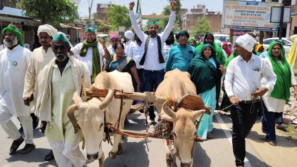 Farmers raised a spirited call to action with ploughs and bullocks, staging a protest at the block headquarters