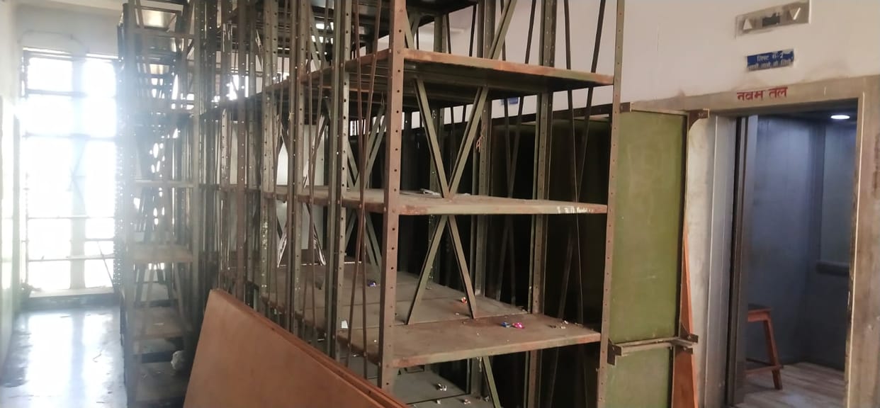 Scrap piled up in front of the lift at Jawahar Bhavan.