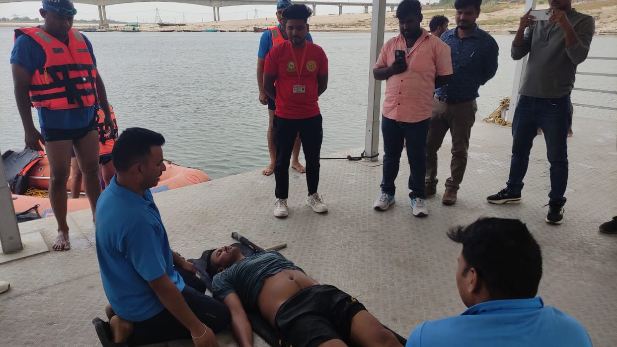Mock Drill: 8 people rescued after boat capsizes in the Ganges.