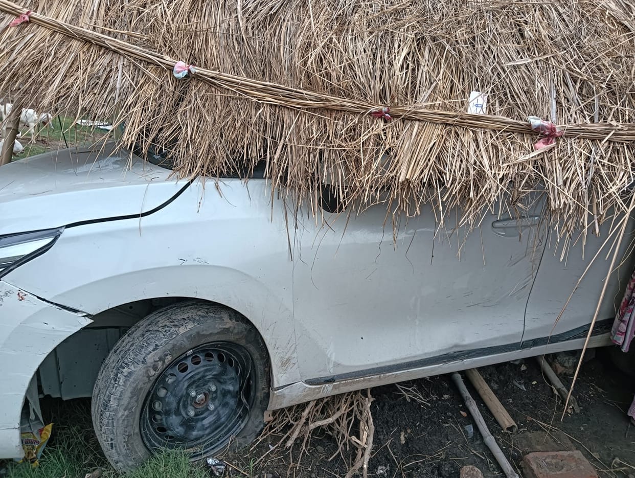 Out-of-control car crashes into hut; 10-year-old child dies.