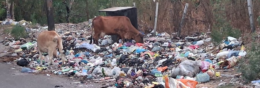 Piles of garbage accumulate in the town; rain further exacerbates the difficulties.