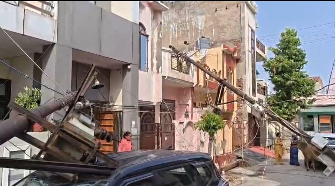 Trees and poles toppled due to storm and rain; power supply disrupted.