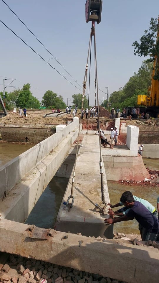RCC slab launching work carried out at the Barwala Link Canal railway bridge.