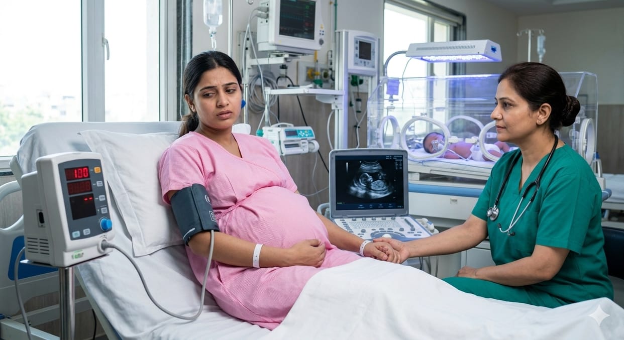 A pregnant woman's elevated blood pressure hinders the supply of oxygen to the fetus.