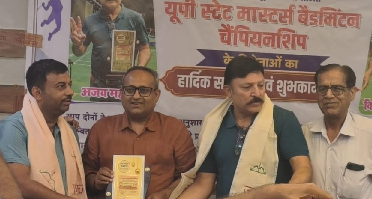 Agra's winning players felicitated at the UP State Masters Badminton tournament.