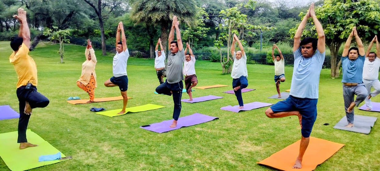 Three-day yoga camp begins; practitioners performed yoga exercises.