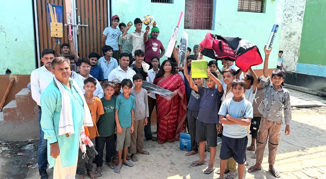 Children were overjoyed to receive sports equipment.