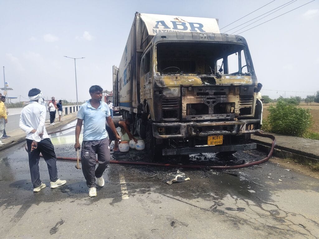 Fire breaks out in oil-laden container; cabin gutted, but cargo at the rear remains safe.