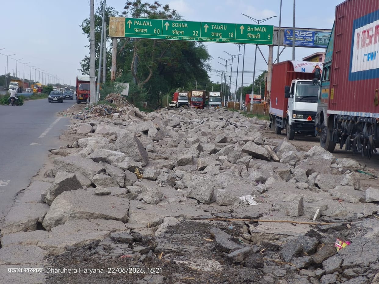 Road connecting to Dharuhera dug up and left unfinished a month ago; residents face increased inconvenience.