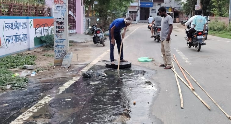 Dilapidated manhole covers being replaced in Loharu.