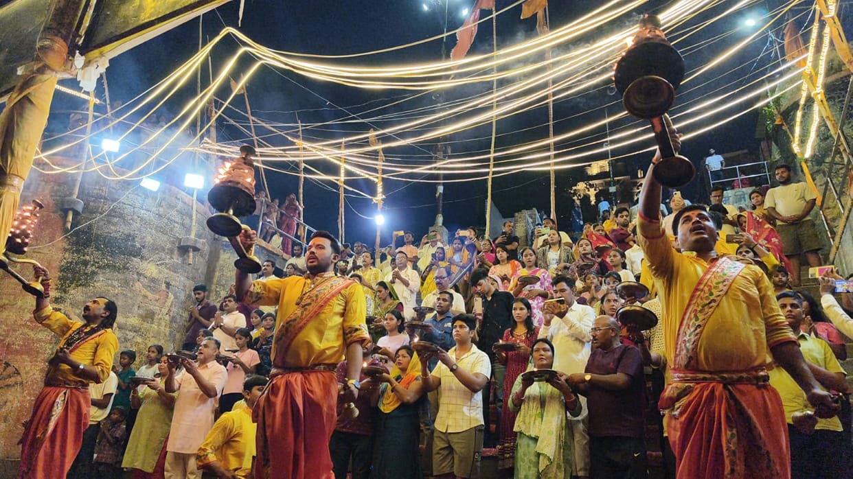 Ganga banks resonate with mantras on Jyeshtha Ashtami; devotees throng the *Aarti*.