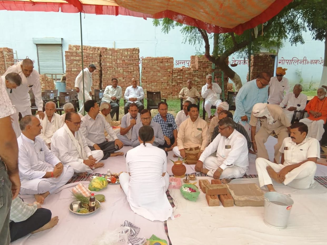 Laying of the foundation stone for the Radha-Govind Temple at the Goshala.