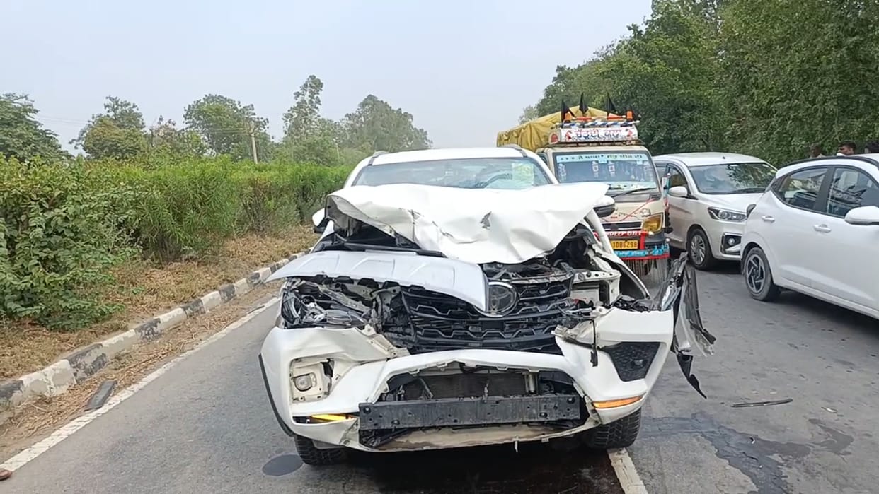 MP Jayaprakash's car collided with a bull, airbags opened to save his life.