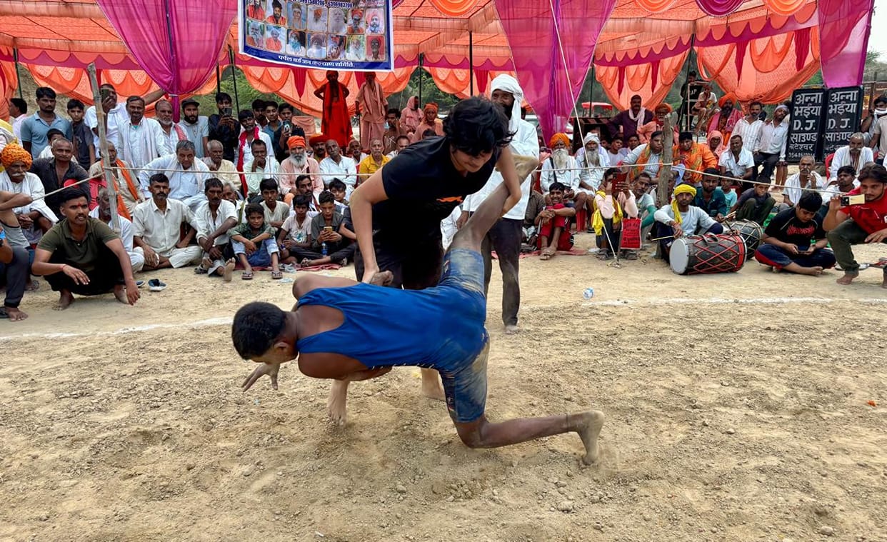 Mathura's female wrestler Khushbu displays her prowess at the Bateshwar wrestling match.