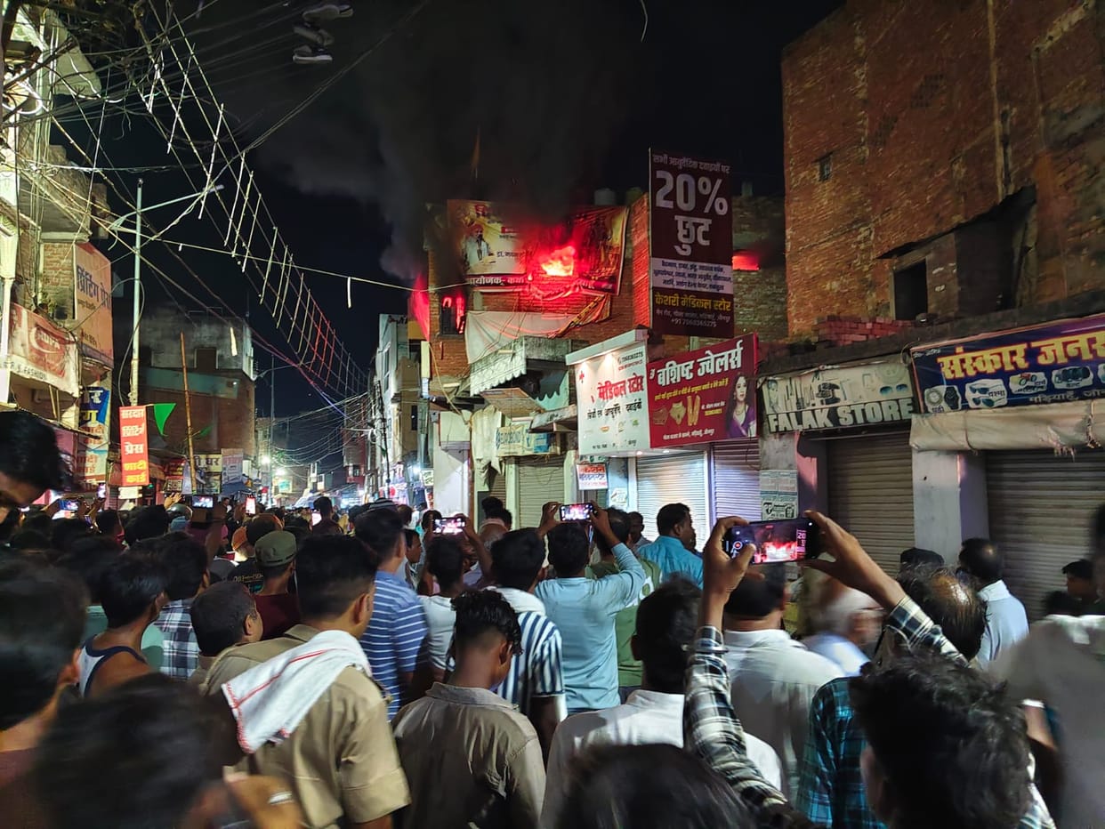 A massive fire broke out in a house after an AC compressor exploded, burning goods worth lakhs.