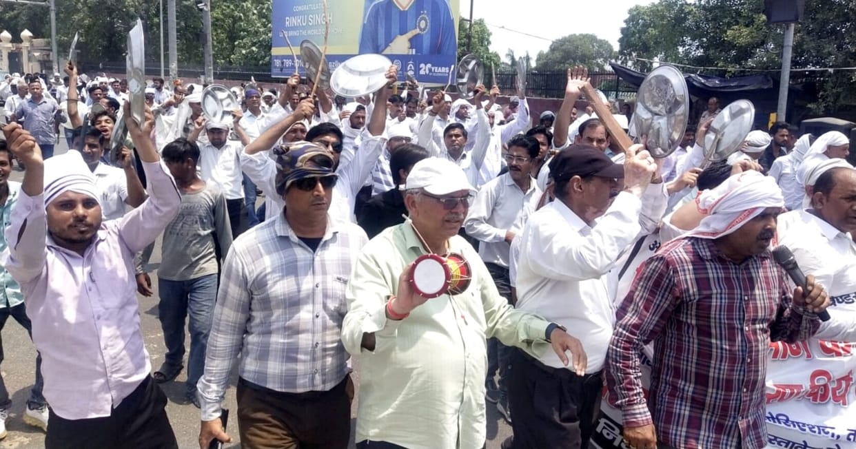 Protest: Advocates played damrus, conch shells, and metal plates during the sit-in