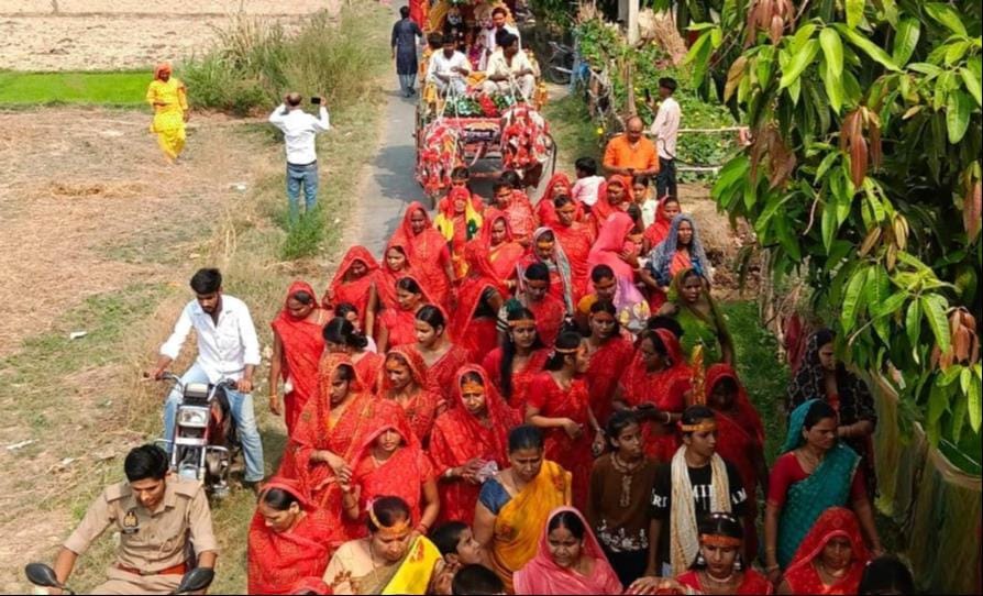 Grand procession taken out before the idol consecration ceremony.