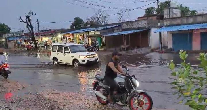 Rainwater accumulates on Pali-Jhabar road in Korba