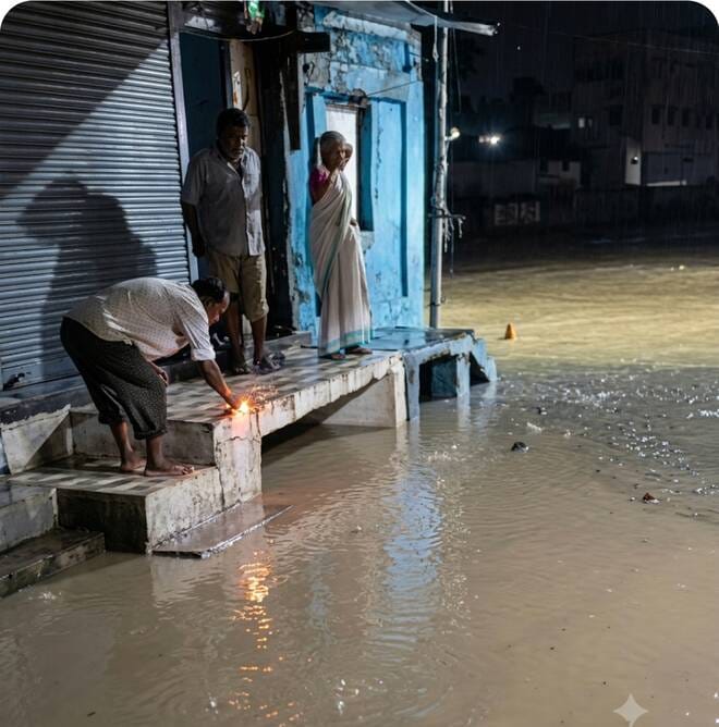 बाढ़ से बचने के लिए लोगों ने जलाए दीये।