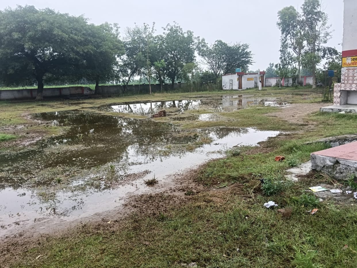 Children braved waterlogging caused by rain to reach school.