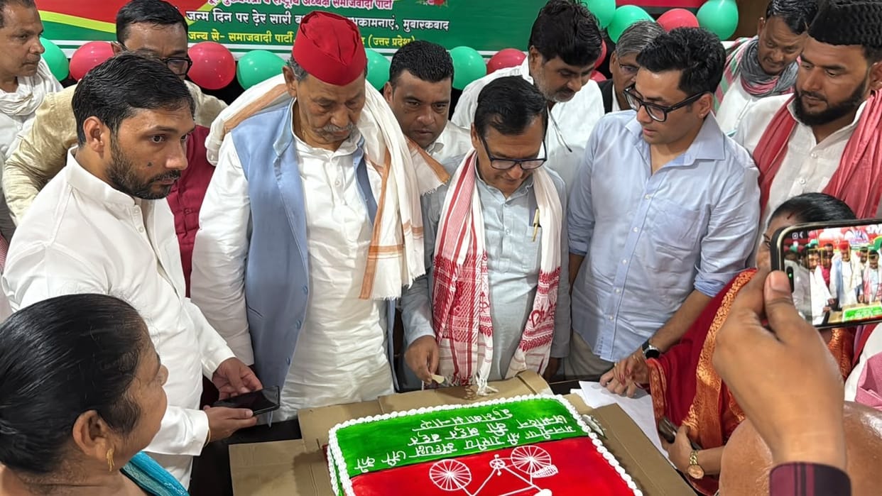 Workers celebrated Akhilesh's 53rd birthday by planting saplings, cutting a 53 kg cake