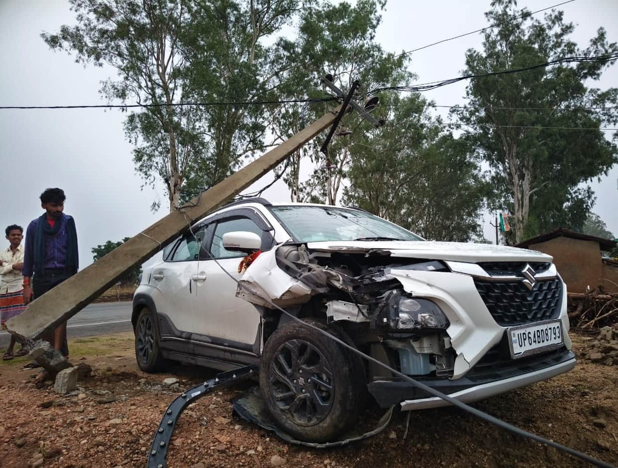 While trying to save a cow, the car hit an electric pole, causing power outage.