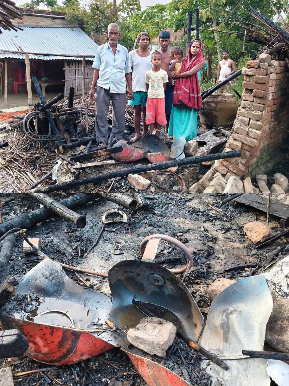 Gas cylinder explodes; hut reduced to ashes.