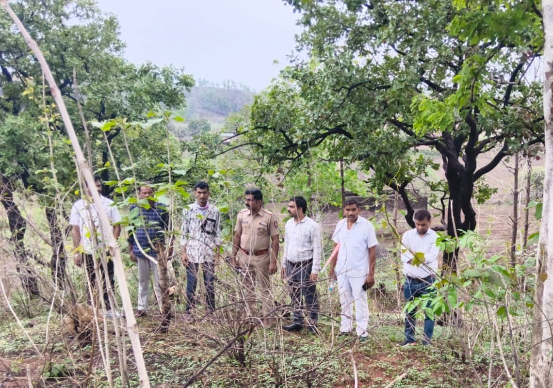 पुलिस अधिकारी जंगल में जाँच करते हुव