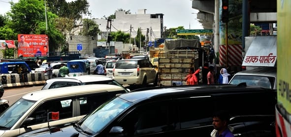 Traffic jam on Kanpur Road due to BJP roadshow.