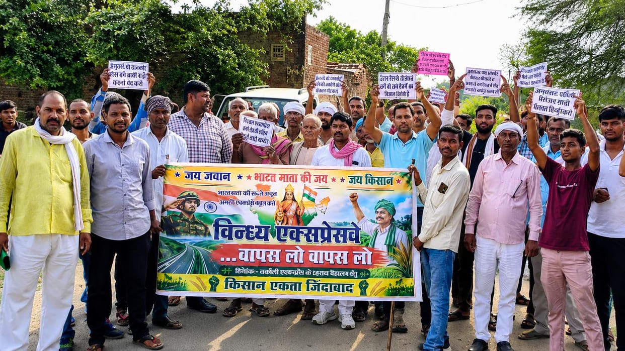 Farmers took out a foot march in protest against the Vindhya Expressway.