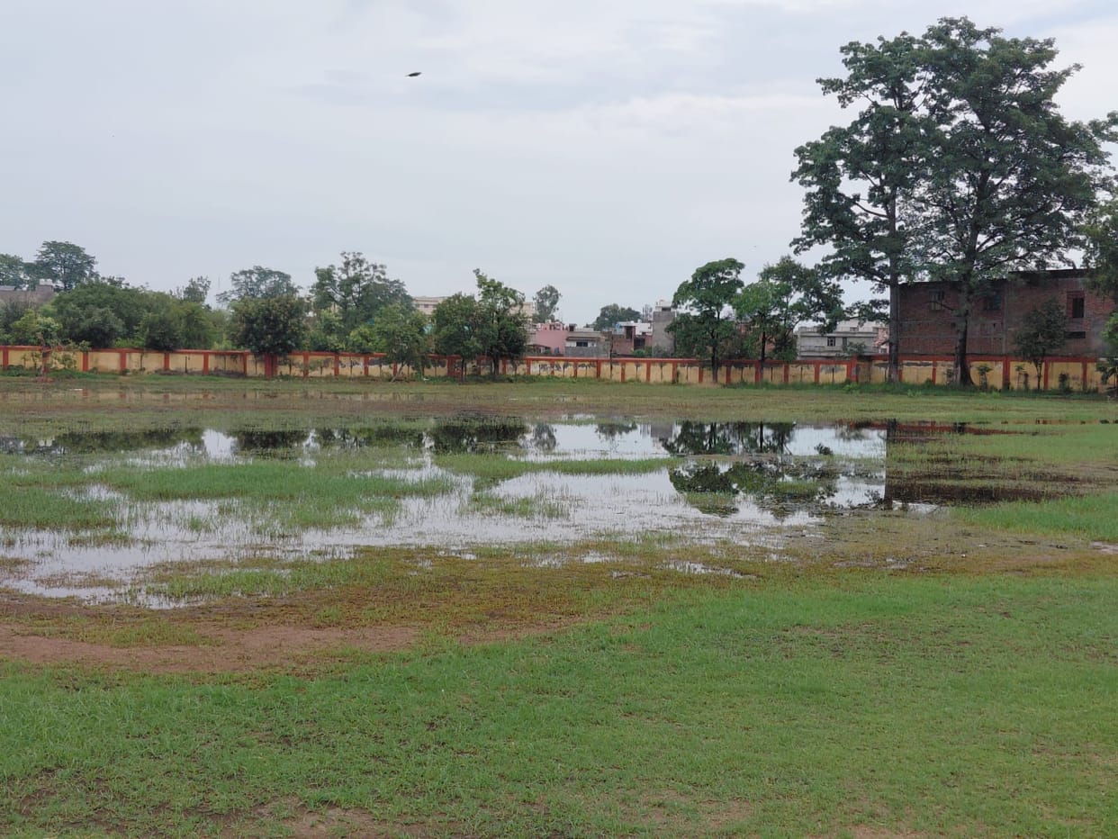 Waterlogging at Gandhi Stadium; players' practice affected.