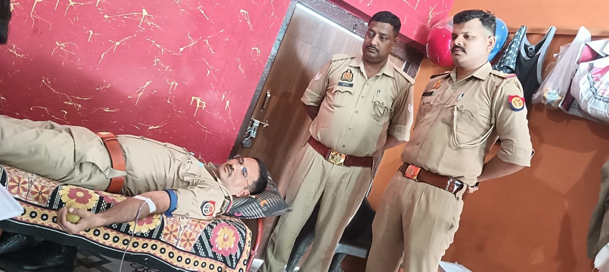 Police personnel donated blood at the camp.