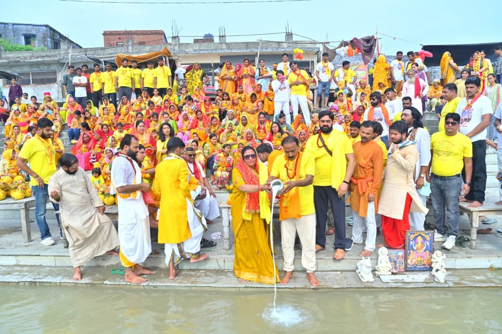 Bhagwat Katha begins with a Kalash Yatra; flowers showered as well.